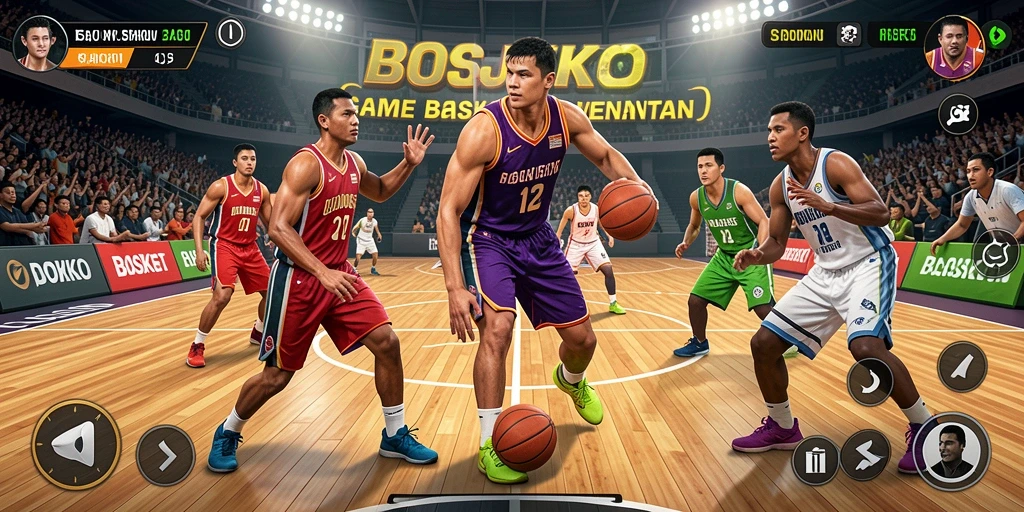 Antarmuka seru dalam game Basket BOSJOKO yang menampilkan pemain siap bertanding.