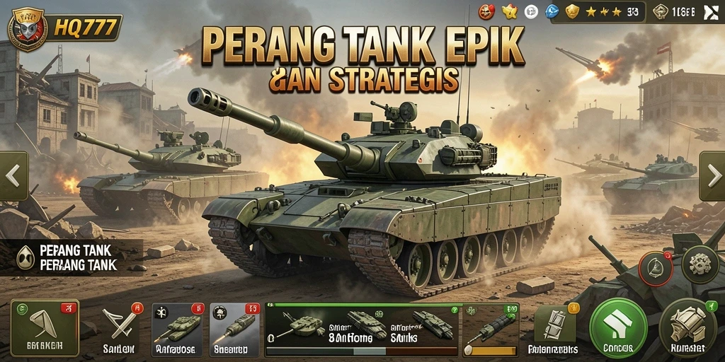 Screenshot permainan menunjukkan pertempuran tank yang epik dan dinamis.