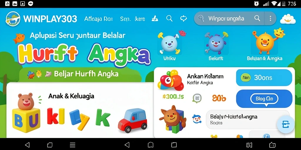Tampilan antarmuka aplikasi WINPLAY303 untuk belajar huruf dan angka.